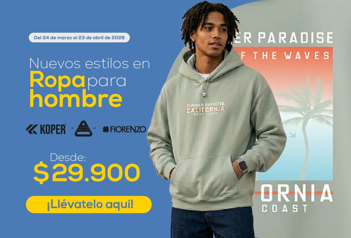Del 24 de marzo al 23 de abril de 2026. Nuevos estilos en ropa para hombre. KOPER FIORENZO. Desde: $29.900. ¡Llévatelo aquí!